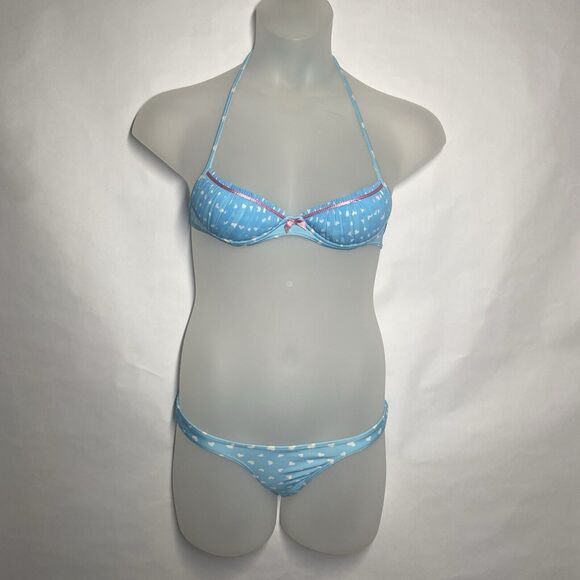 Agua Doce Bikini Brazilian 2-pc Women S Blue White Hearts Pink Bow Pleats Cheeky - Picture 2 of 12